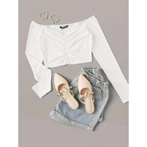 New SHEIN Qutie Ruched‎ Detail Bardot Crop Top in White - Size XS